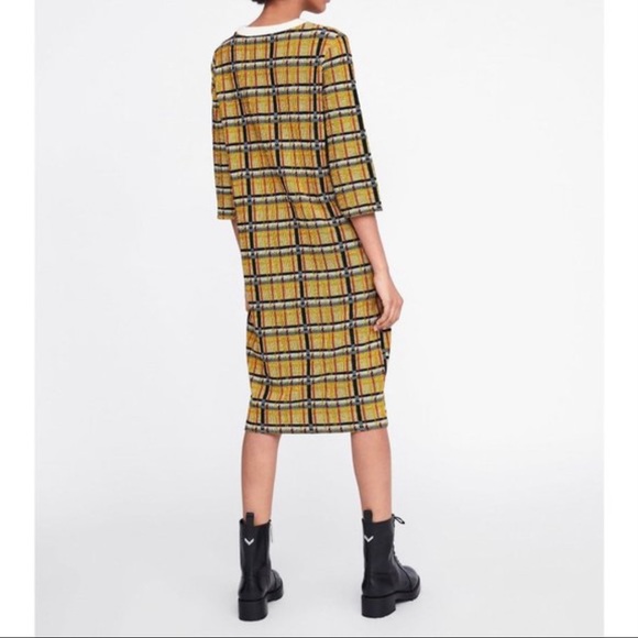 Zara · Nwot Golden Yellow Plaid Midi Sweater Dress - Picture 2 of 7